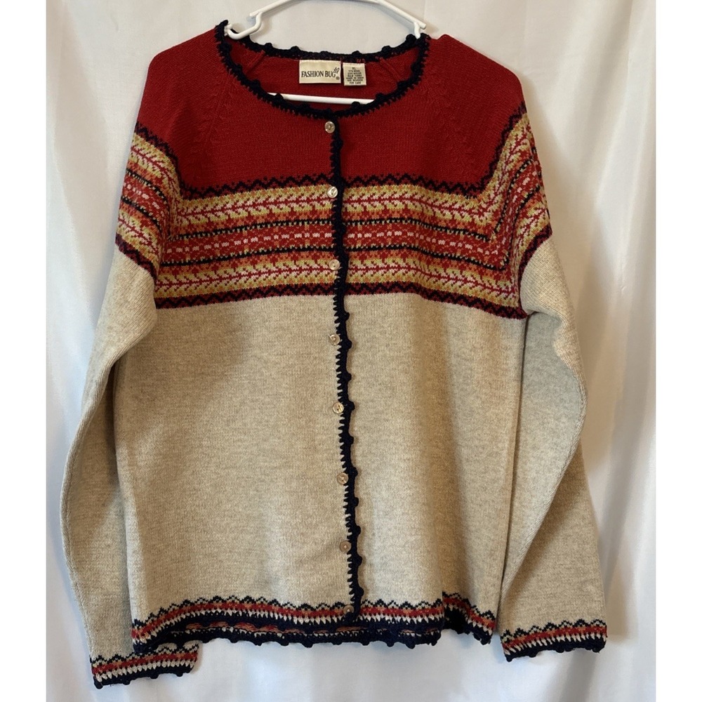 Fashion Bug Vintage Fair Isle Beige Red Blue Button Up Cardigan Sweater XL